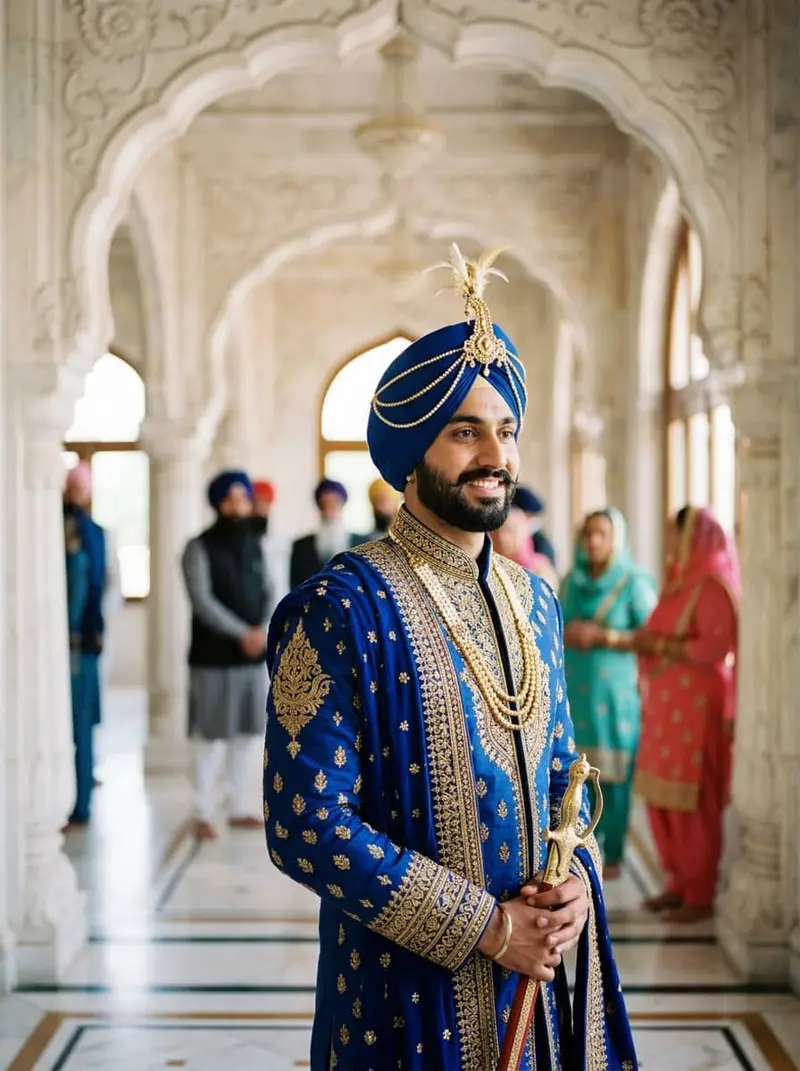 Sikh groom styling with coordinated royal blue turban and sherwani