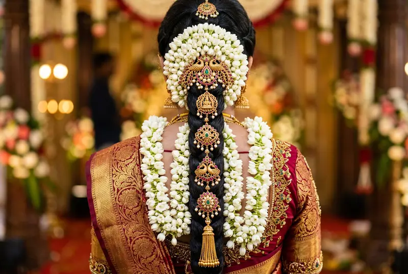 Indian bride with decorated South Indian bridal braid