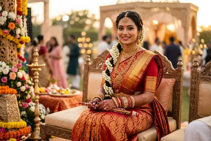 South Indian bride in a red Kanjeevaram silk saree with temple jewelry