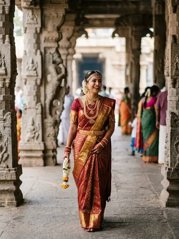South Indian bride in red Kanjeevaram silk saree with temple jewelry walking through carved stone corridor - styled by StyleBuddy