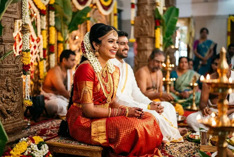 South Indian bridal styling with temple jewelry and Kanjivaram saree
