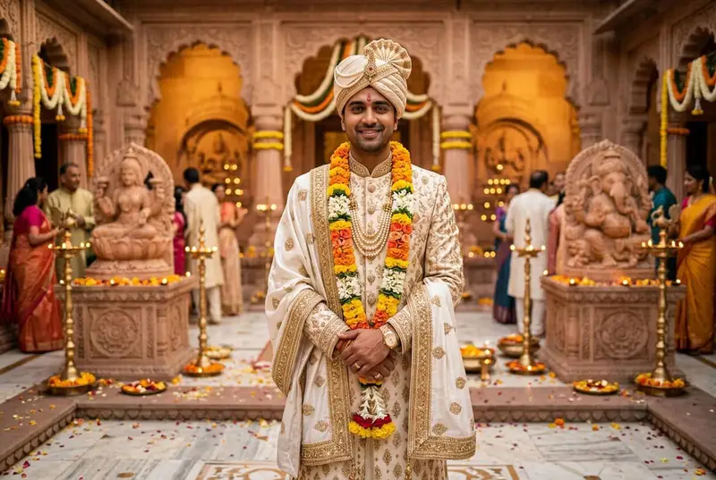 South Indian groom in traditional white veshti with silk angavastram