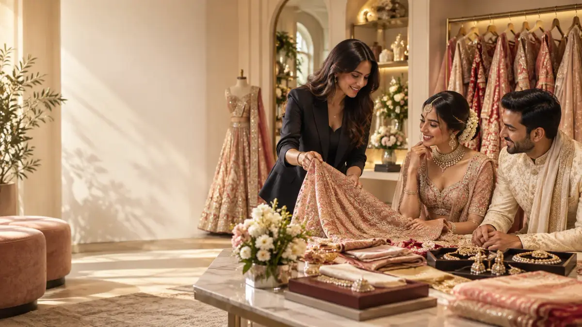 Wedding stylist consulting with an Indian bride and groom on wedding outfits and accessories in a bridal boutique