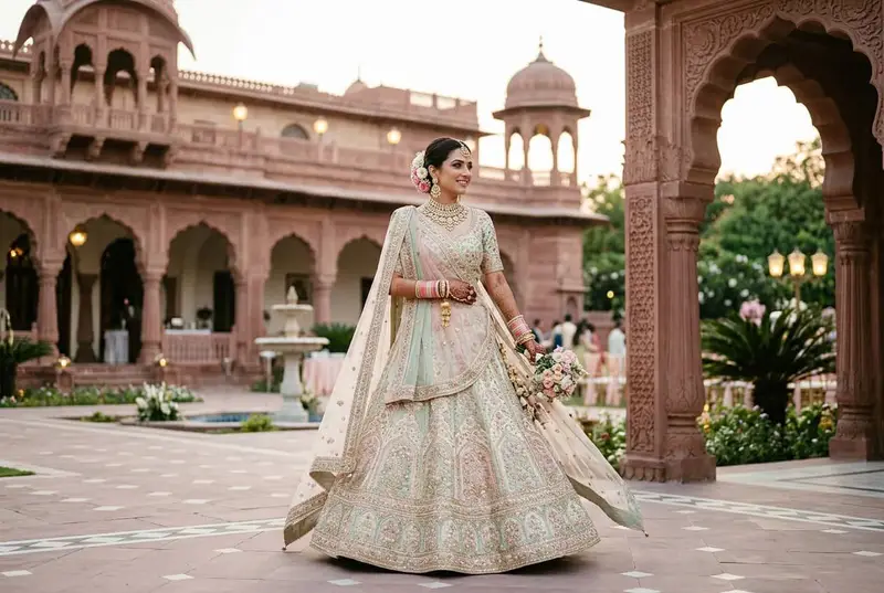 Styled bride in pastel pink lehenga at palace courtyard