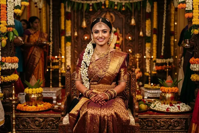 South Indian bride in Kanjeevaram saree with temple jewelry