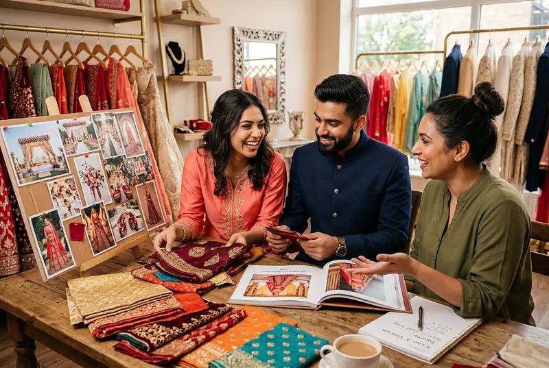 Wedding stylist consultation with couple reviewing mood boards and outfit photos