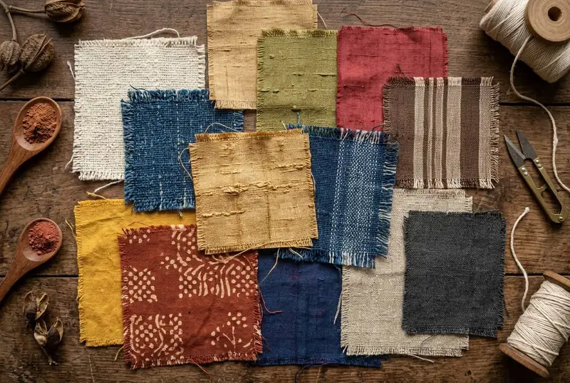 Organic handloom fabric swatches in natural dyes - indigo, turmeric, madder red