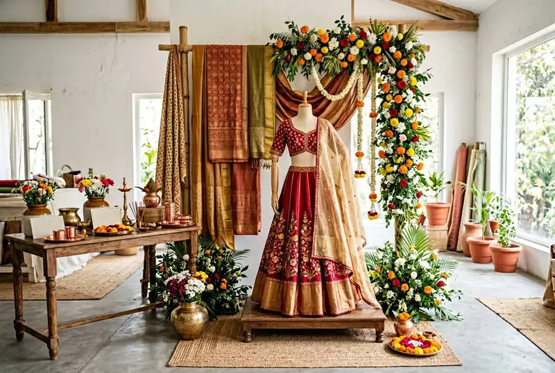 Sustainable wedding styling with eco-friendly outfit and natural setting