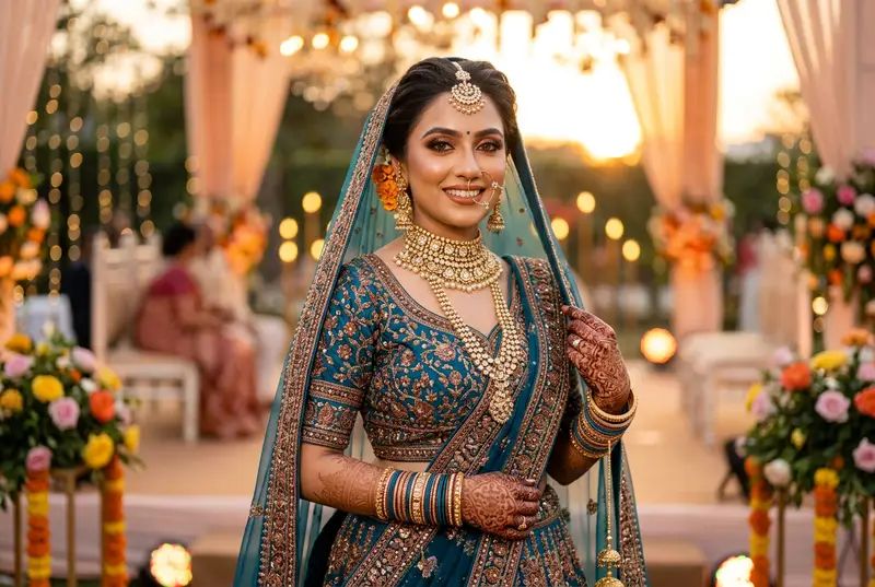 Indian bride getting ready in teal lehenga with copper makeup