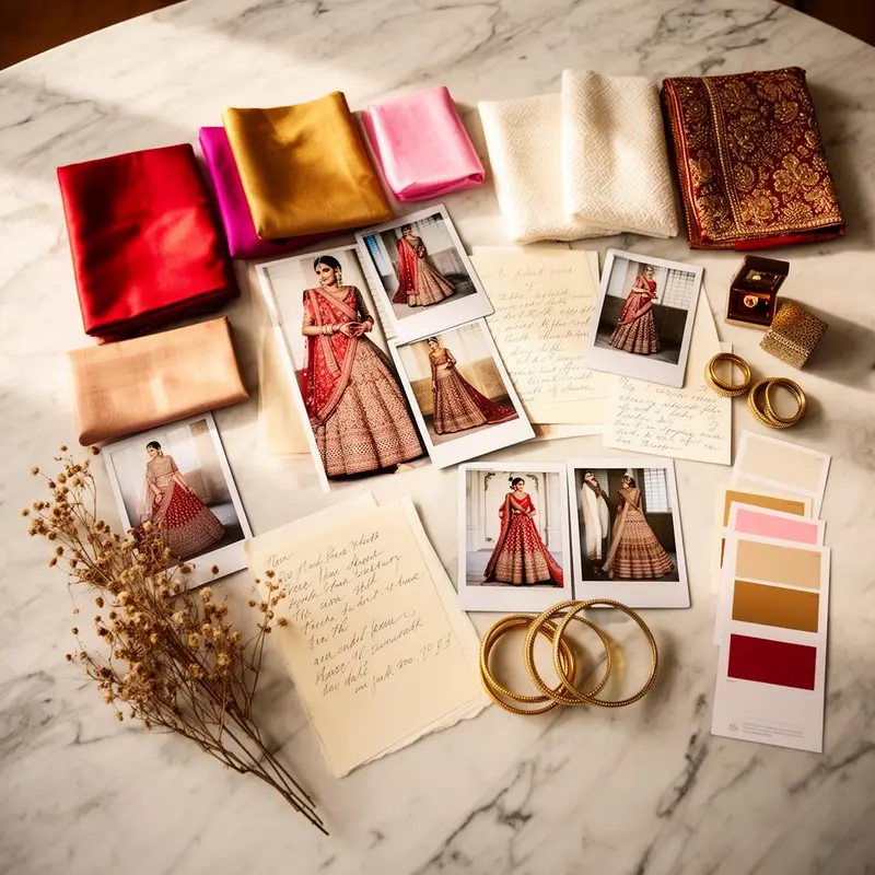 Bridal trousseau planning mood board with fabric swatches, colour palettes, and lehenga references