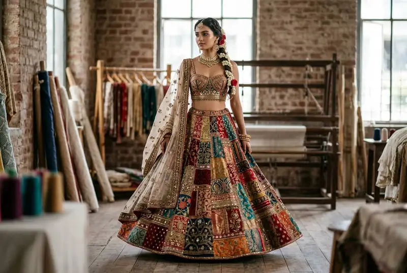 Designer restyling a pre-owned bridal lehenga in modern atelier