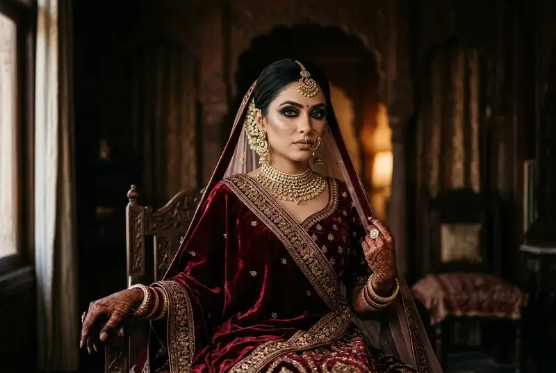 Indian bride in maroon velvet lehenga with dramatic smokey eye makeup