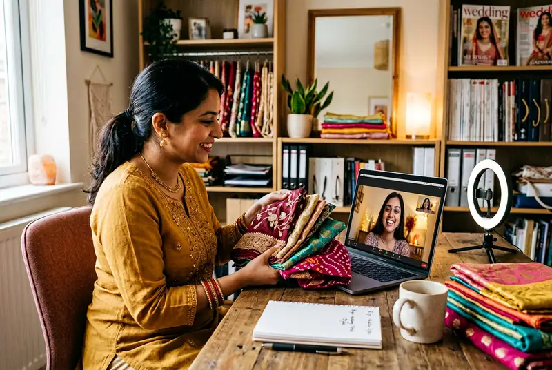Virtual video call wedding styling session with stylist showing outfits to bride