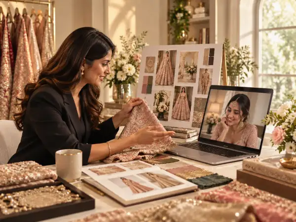 Wedding stylist conducting a virtual bridal styling consultation with fabrics, lookbook and outfit references