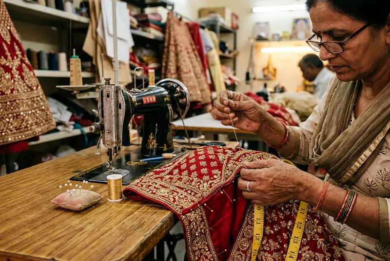 Tailor working on bridal lehenga alteration with measuring tape