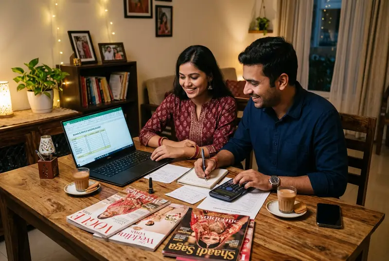 Wedding budget spreadsheet on tablet with calculator and Indian rupee notes