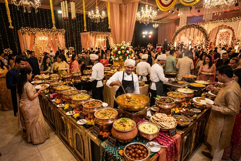 Wedding catering buffet with traditional Indian dishes
