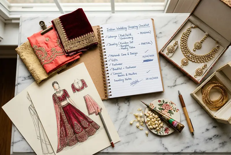 Wedding shopping checklist flatlay with fabric swatches, bridal accessories, and gold pen on marble surface
