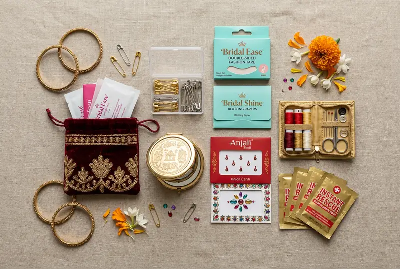 Wedding emergency kit flatlay with safety pins, fashion tape, and sewing supplies