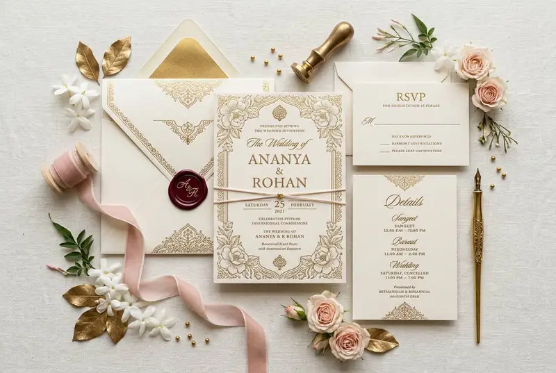 Elegant wedding invitation suite with RSVP and menu cards