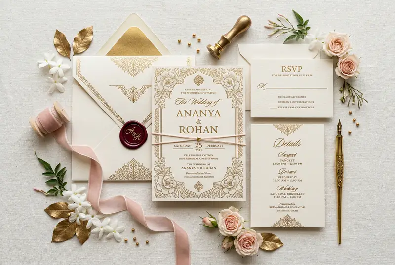 Elegant wedding invitation suite with RSVP and menu cards