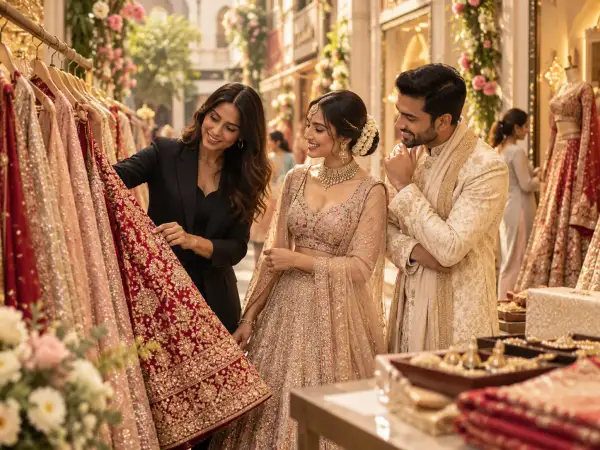 Wedding stylist helping an Indian couple shortlist bridal outfits during wedding shopping