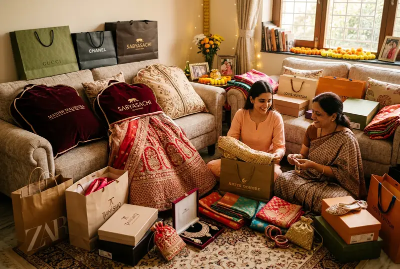 Wedding shopping bags from multiple bridal stores after a successful shopping day