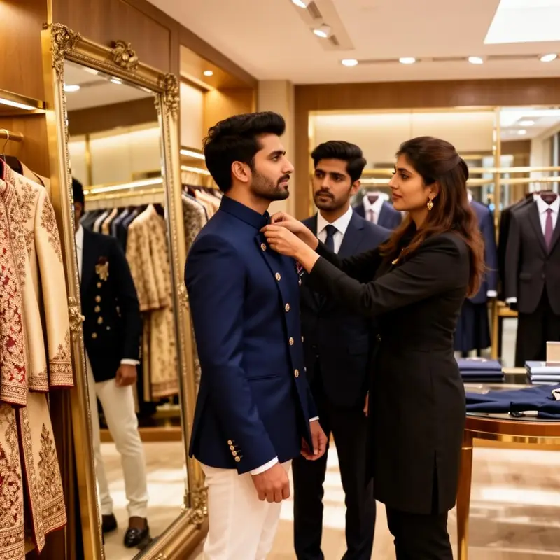 A wedding stylist helping a groom try on a bandhgala jacket at a luxury menswear store