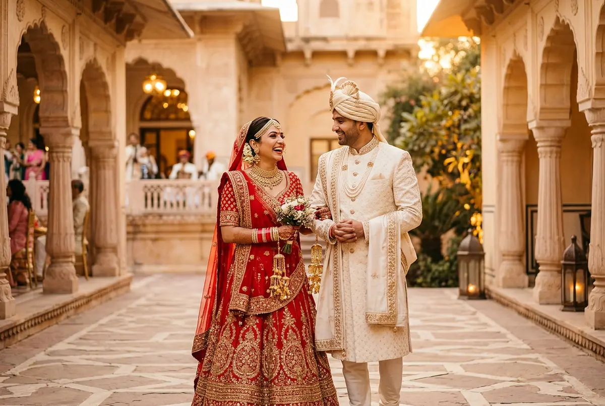 Wedding stylist India — bride and groom in traditional Indian wedding attire styled by StyleBuddy