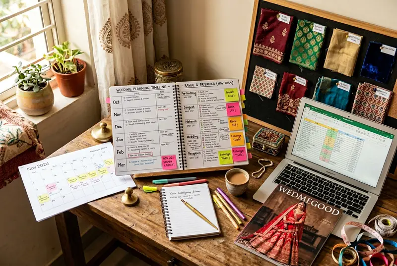 Wedding shopping timeline planner with mood board clippings and fabric swatches