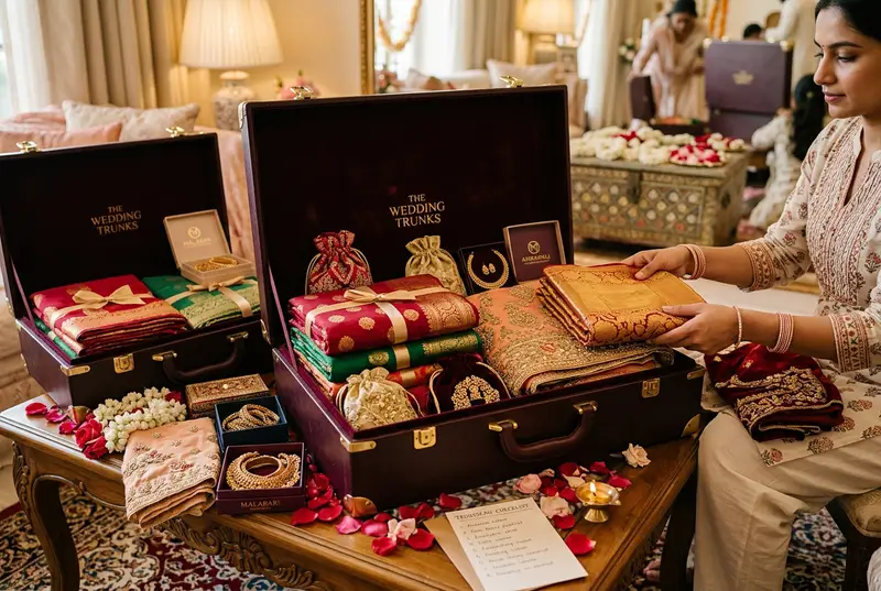 Wedding trousseau packed in labelled garment bags organized by ceremony