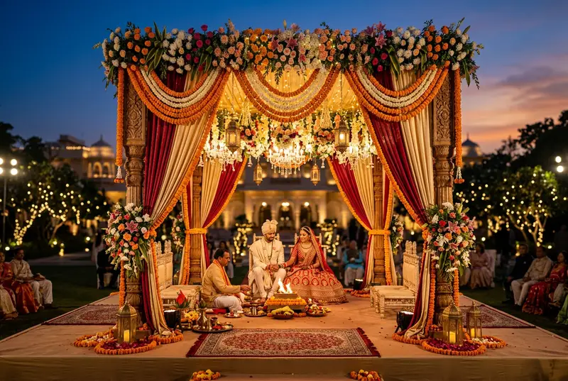 Decorated wedding mandap with flower garlands